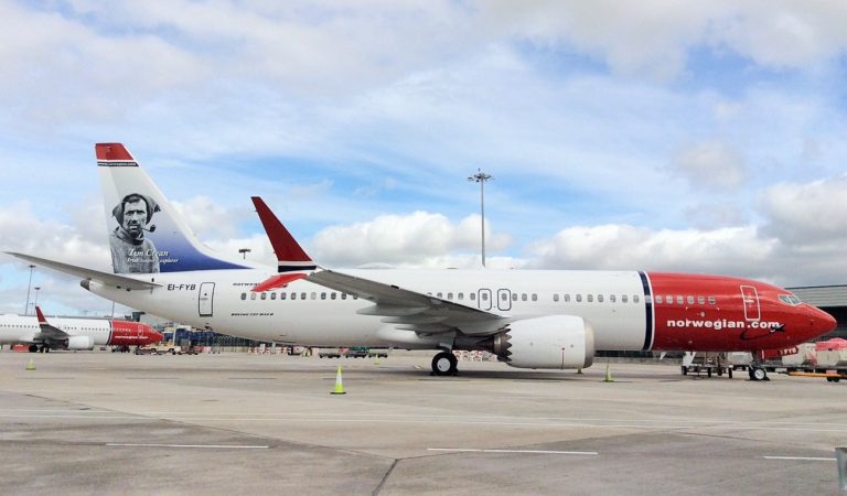 Norwegians Tom Crean tail fin 737 MAX at Dublin Airport