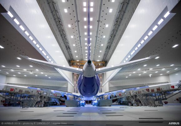 A350 900 Scandinavian Airlines MSN358 rolls out paint shop rear view scaled