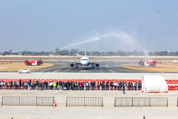 IndiGo aircraft gets water cannon salute on arrival