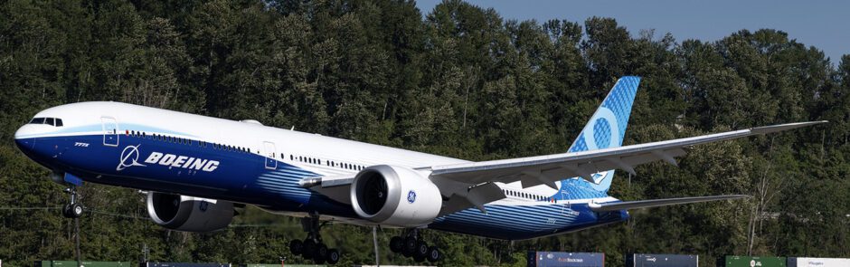 Boeing 777-9 test aircraft at takeoff