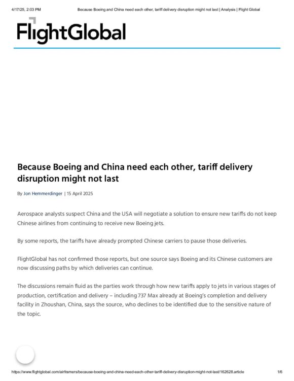 Because Boeing and China need each other, tariff delivery disruption might not last _ Analysis _ Flight Global