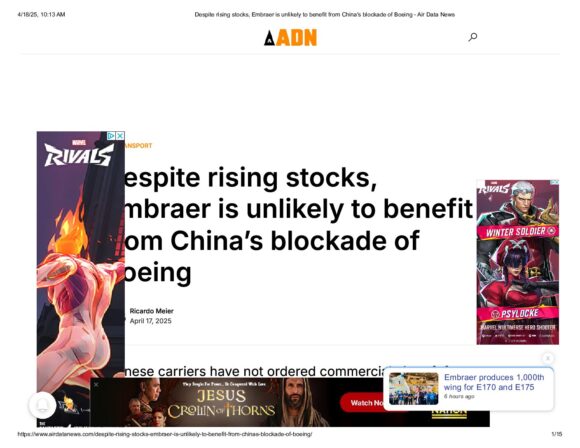 Despite rising stocks, Embraer is unlikely to benefit from China's blockade of Boeing - Air Data News