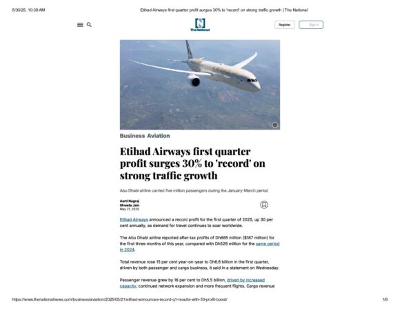 Etihad Airways first quarter profit surges 30% to 'record' on strong traffic growth _ The National