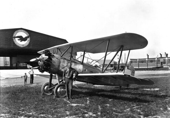 Pratt Whitney founder Frederick B Rentschler in front of his Wasp engined Vought O2U Corsair