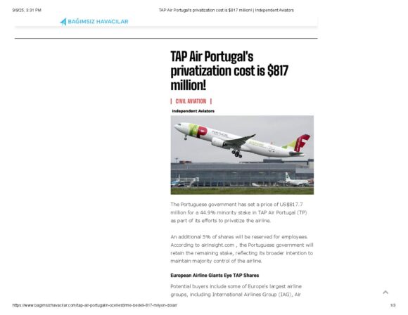 TAP Air Portugal's privatization cost is $817 million! _ Independent Aviators