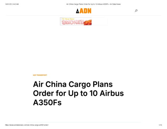 Air China Cargo Plans Order for Up to 10 Airbus A350Fs - Air Data News