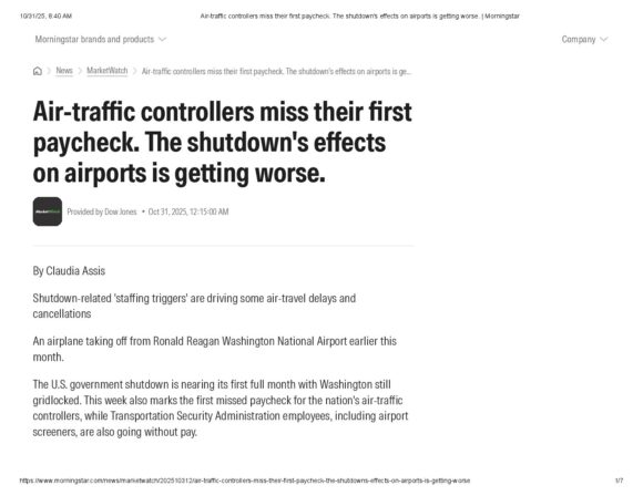 Air-traffic controllers miss their first paycheck. The shutdown's effects on airports is getting worse. _ Morningstar