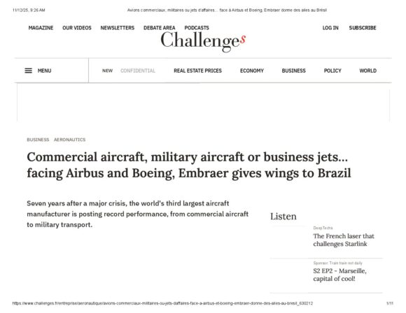 Avions commerciaux, militaires ou jets d’affaires… face à Airbus et Boeing, Embraer donne des ailes au Brésil