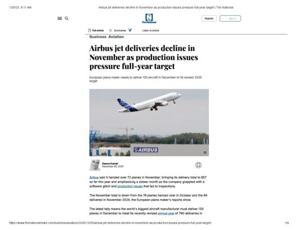 Airbus jet deliveries decline in November as production issues pressure full-year target _ The National