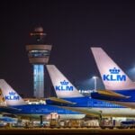 KLM aircraft during the night at Amsterdam Schiphol Airport AMS