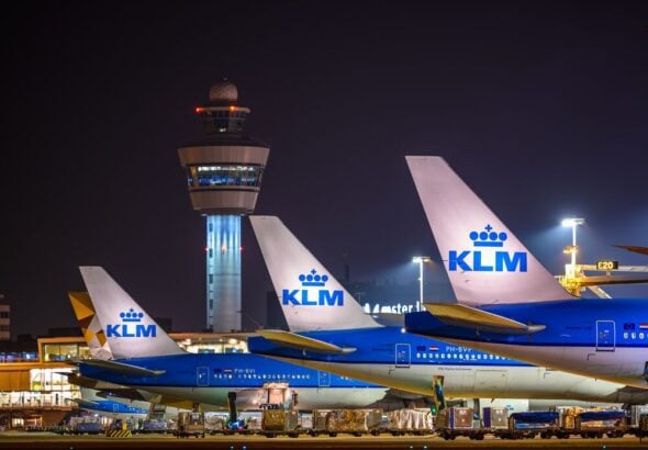 KLM aircraft during the night at Amsterdam Schiphol Airport AMS