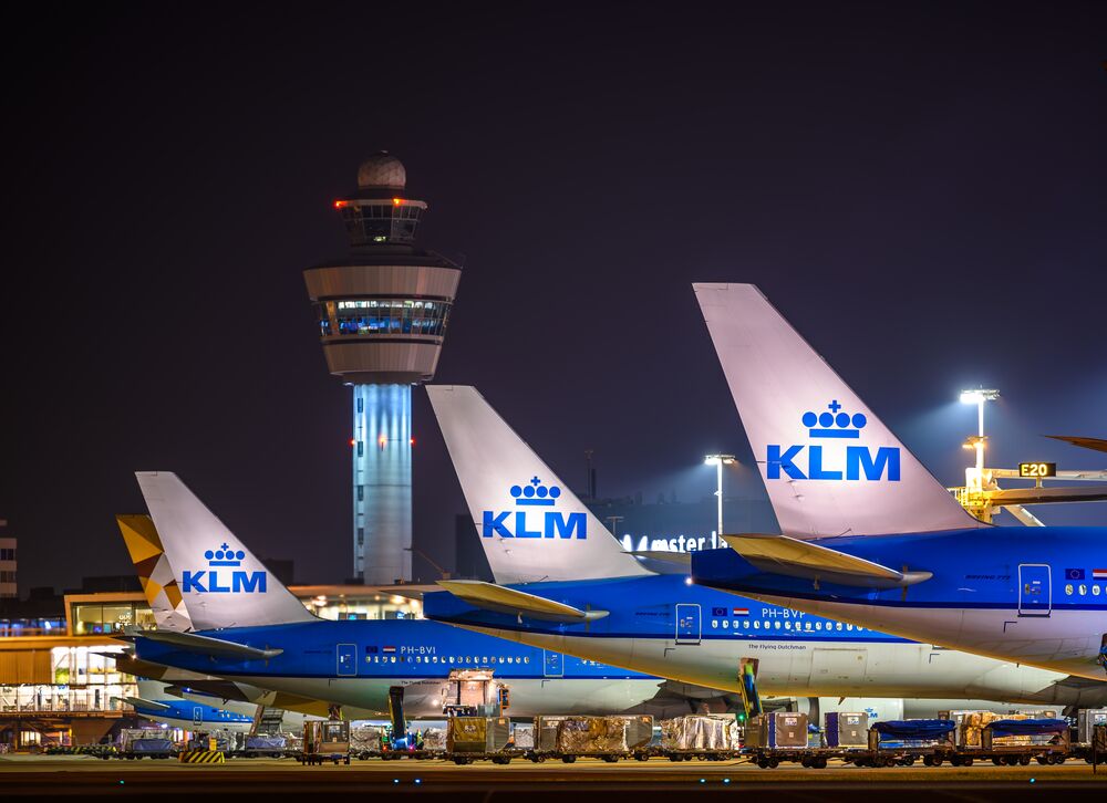 KLM aircraft during the night at Amsterdam Schiphol Airport AMS