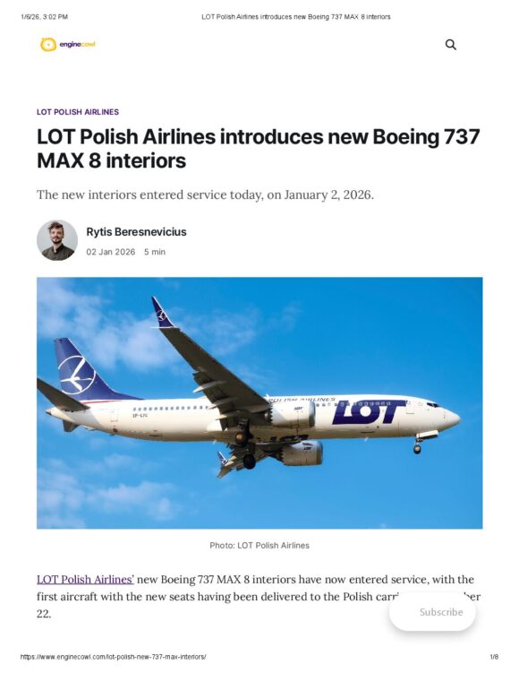 LOT Polish Airlines introduces new Boeing 737 MAX 8 interiors